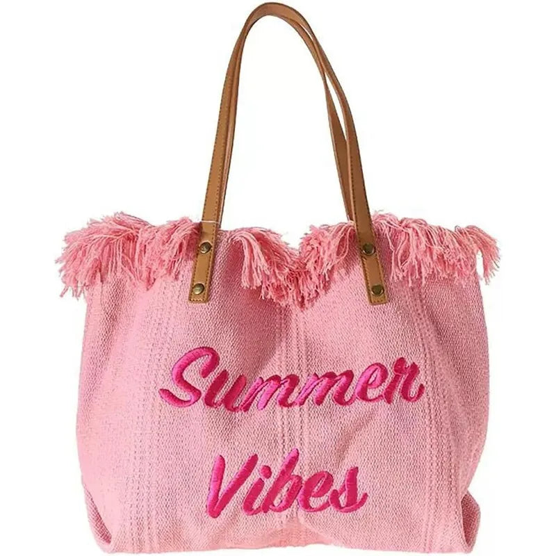sac main toile vert olive rose beige clair franges été pliable durable haute qualité