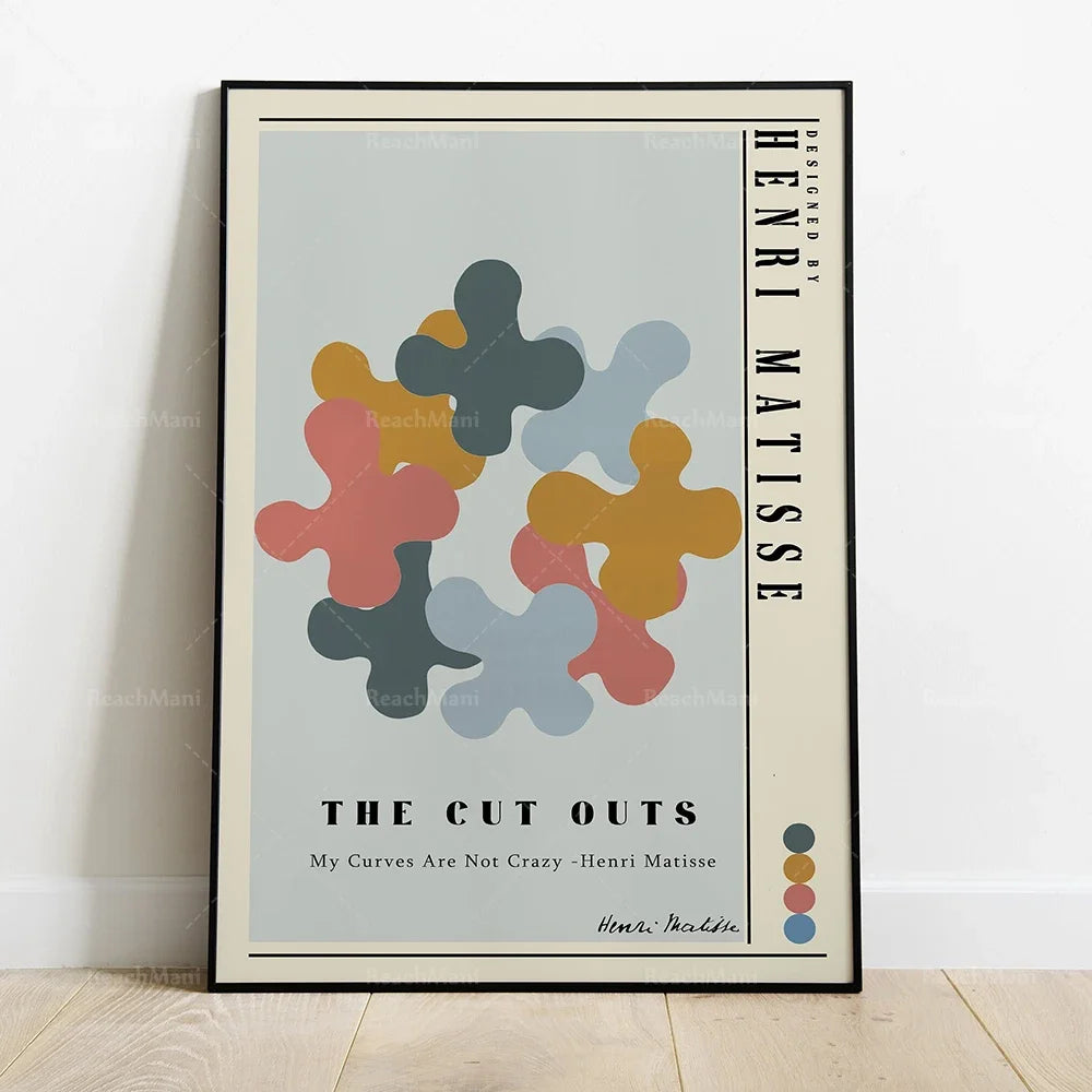 Une affiche abstraite aux formes organiques colorées avec le texte "The Cut Outs" et une citation d'Henri Matisse.