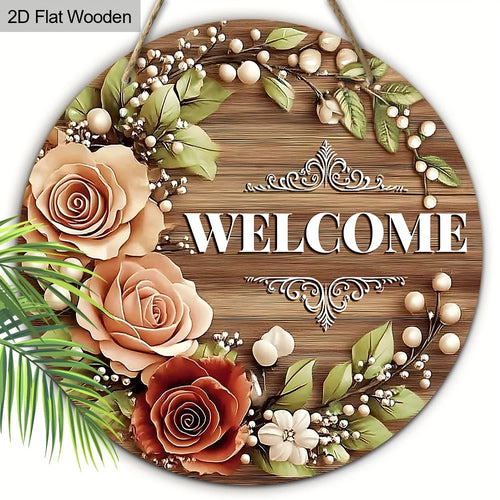 décoration murale bois fleurs bienvenue rustique pastoral jardin maison couronne verte