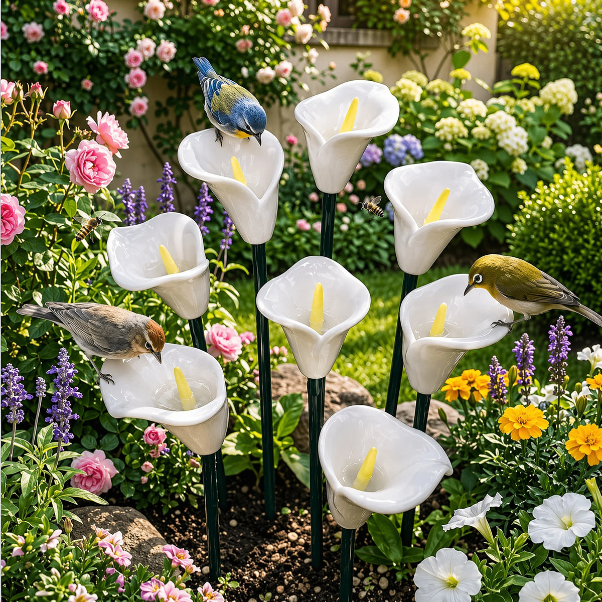 abreuvoir oiseaux céramique station abreuvement abeilles bain papillons piquet jardin décoration extérieur fleurs rouges