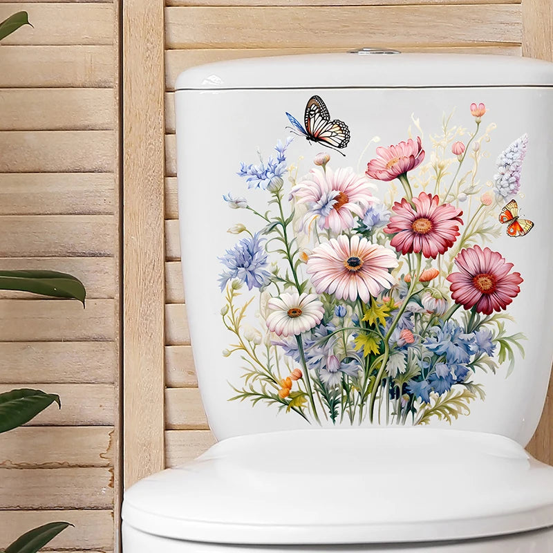 sticker mural multicolore fleurs papillons adhésif illustration salon salle bains deco minimaliste