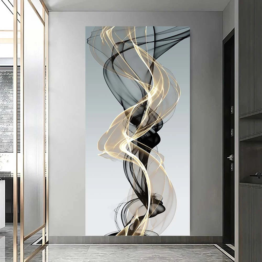 impression toile abstraite moderne vagues fluides noir doré gris clair 40x80 cm 50x100 cm
