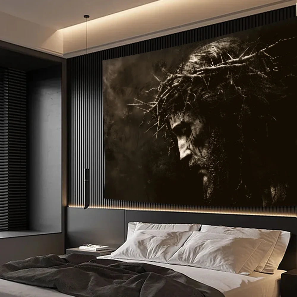 tapisserie art religieux tête couronne épines noir blanche salon chambre entrée
