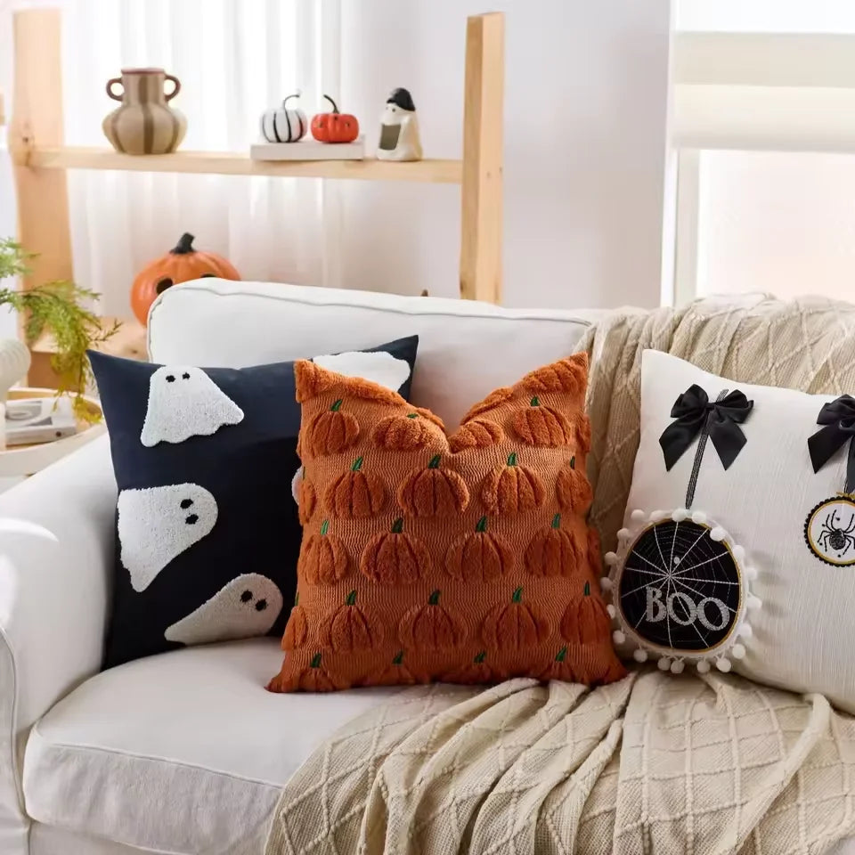 housse coussin halloween fantôme citrouille araignée orange décoration maison canapé chaise voiture polyester jacquard