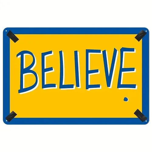 plaque décorative moderne lettre believe bleu fond jaune gris métallique suspension 20x30cm