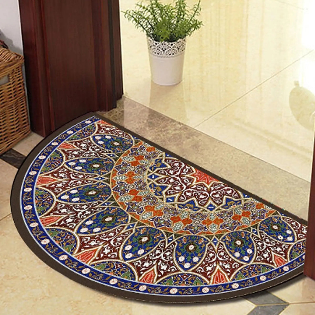 tapis demi cercle motif floral ethnique imperméable antidérapant polyester blanc bleu