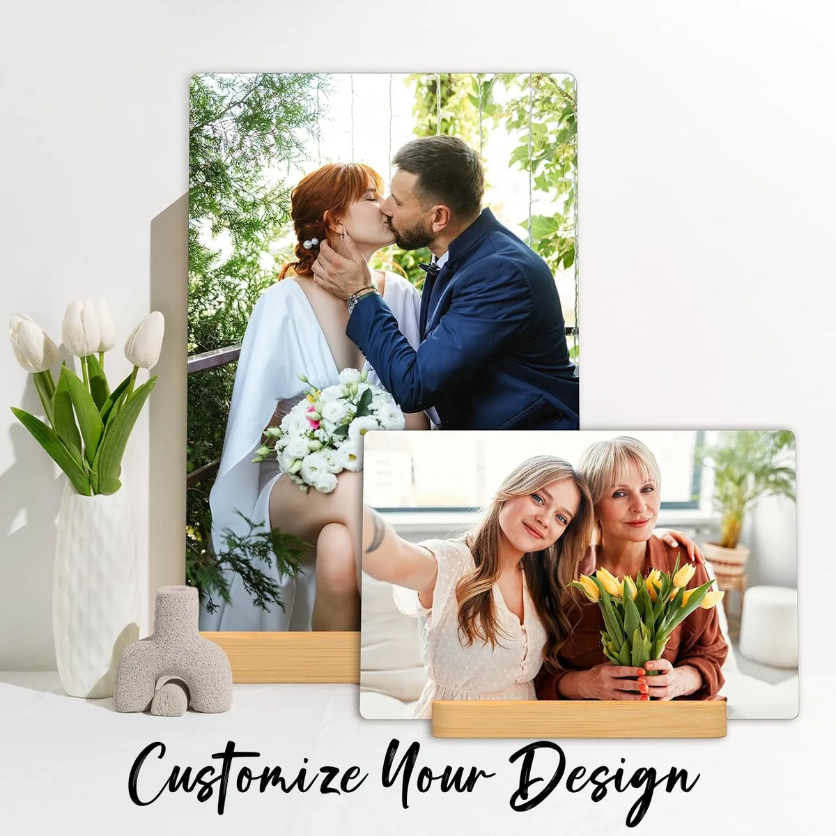cadre photo personnalisable bois naturel moderne photos paysages blanc vert bleu support bois