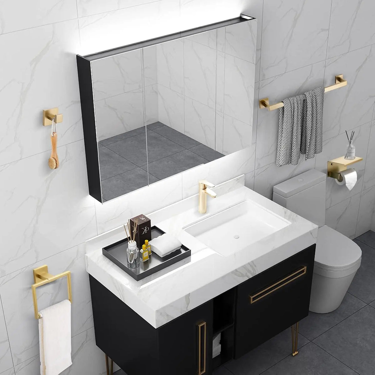 meuble salle bain moderne tiroirs étagère robinet ensemble accessoires salle bain minimaliste porte serviettes