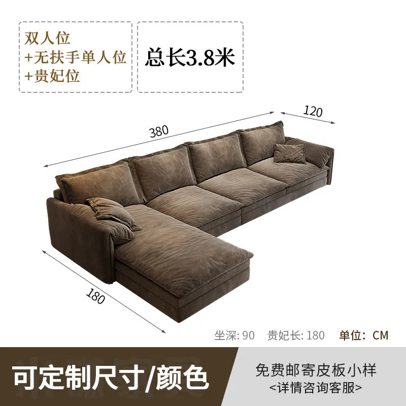 canapé d'angle marron clair velours mat moderne bois largeur 180cm longueur 360cm