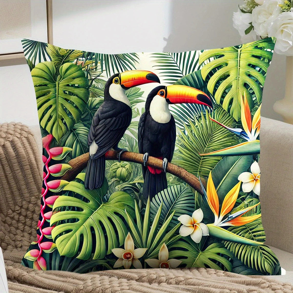 housse coussin motif toucan jungle feuilles exotiques fleurs moderne noir blanc vert jaune rose