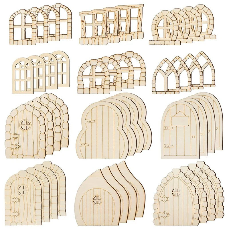 décoration jardin portes fenêtres miniatures bois naturel artisanal clair beige gravure simple