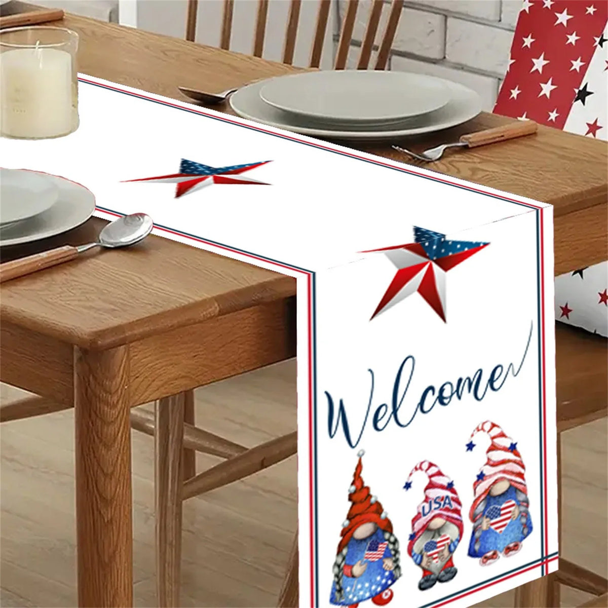 nappe rectangulaire rouge blanche bleue étoiles gnomes God Bless America 4th July Independence Day