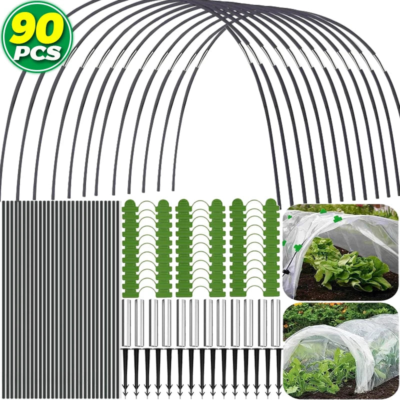 structures tunnel jardin mini serres arcs vert revêtement transparent clips fixation légumes protection cultures
