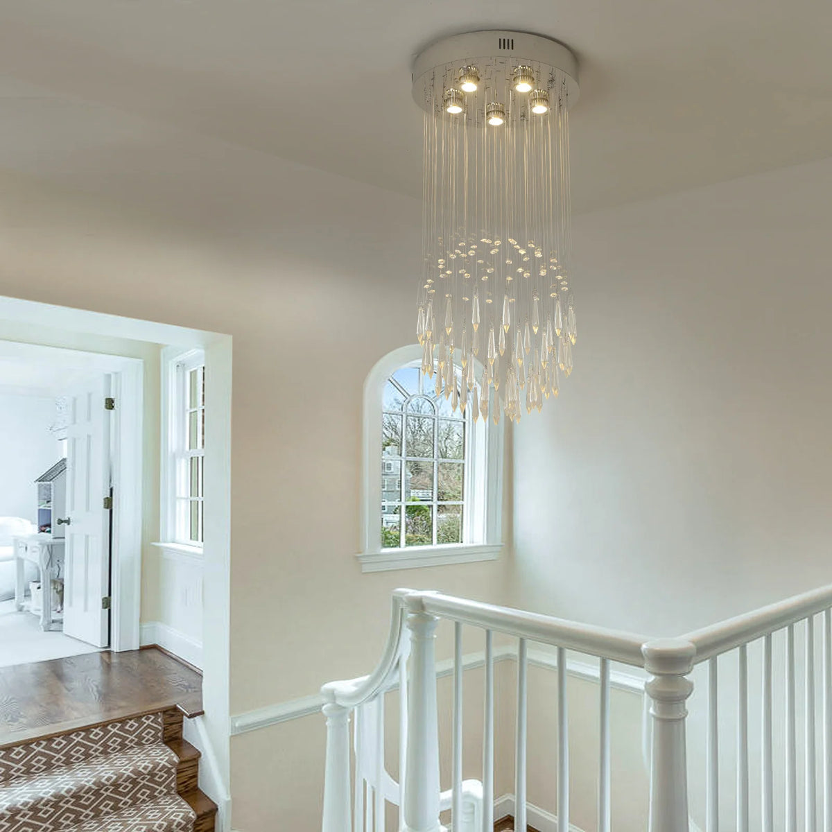 lustre suspendu moderne cristal argenté gouttes transparentes intérieur luxe