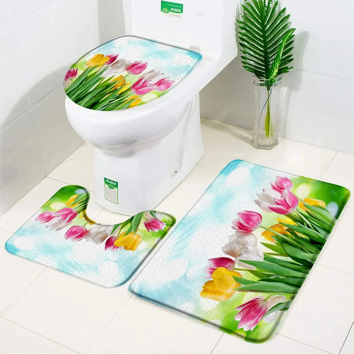 ensemble tapis bain salle bain rouge fleurs roses motif moderne coton doux décoratif