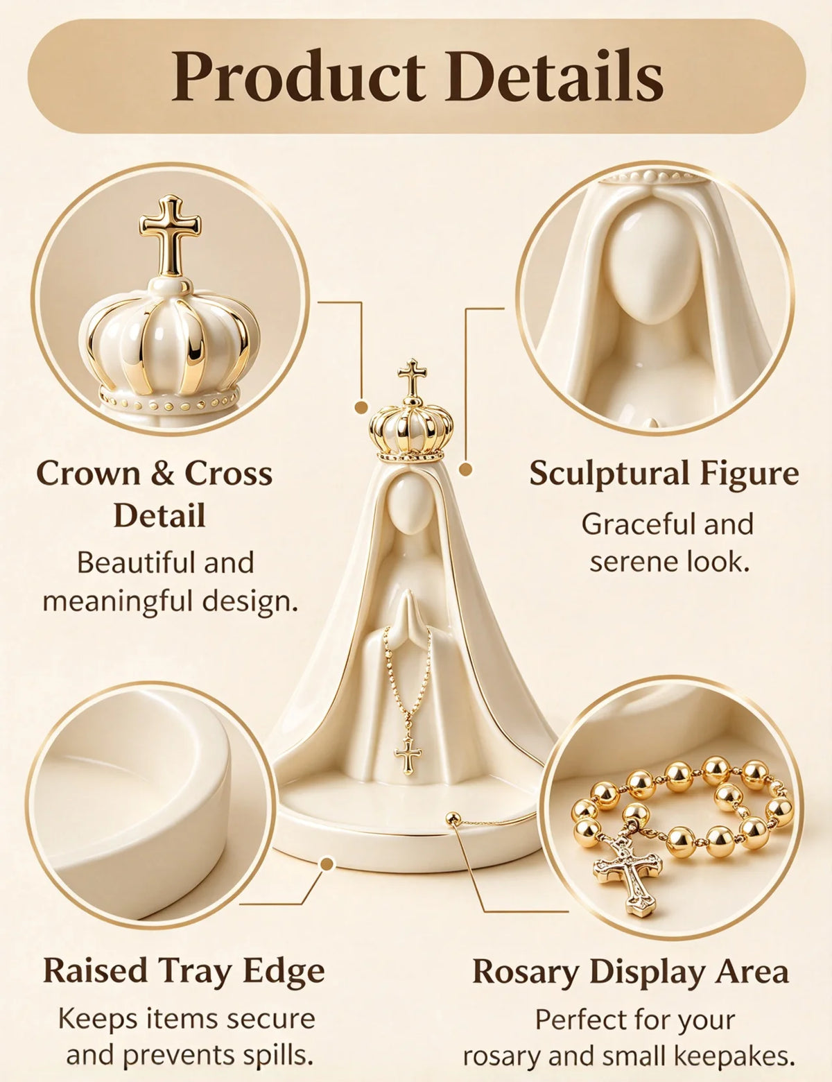 statue religieuse blanche couronne croix chapelet sculpture détaillée classique ornement intérieur decoration