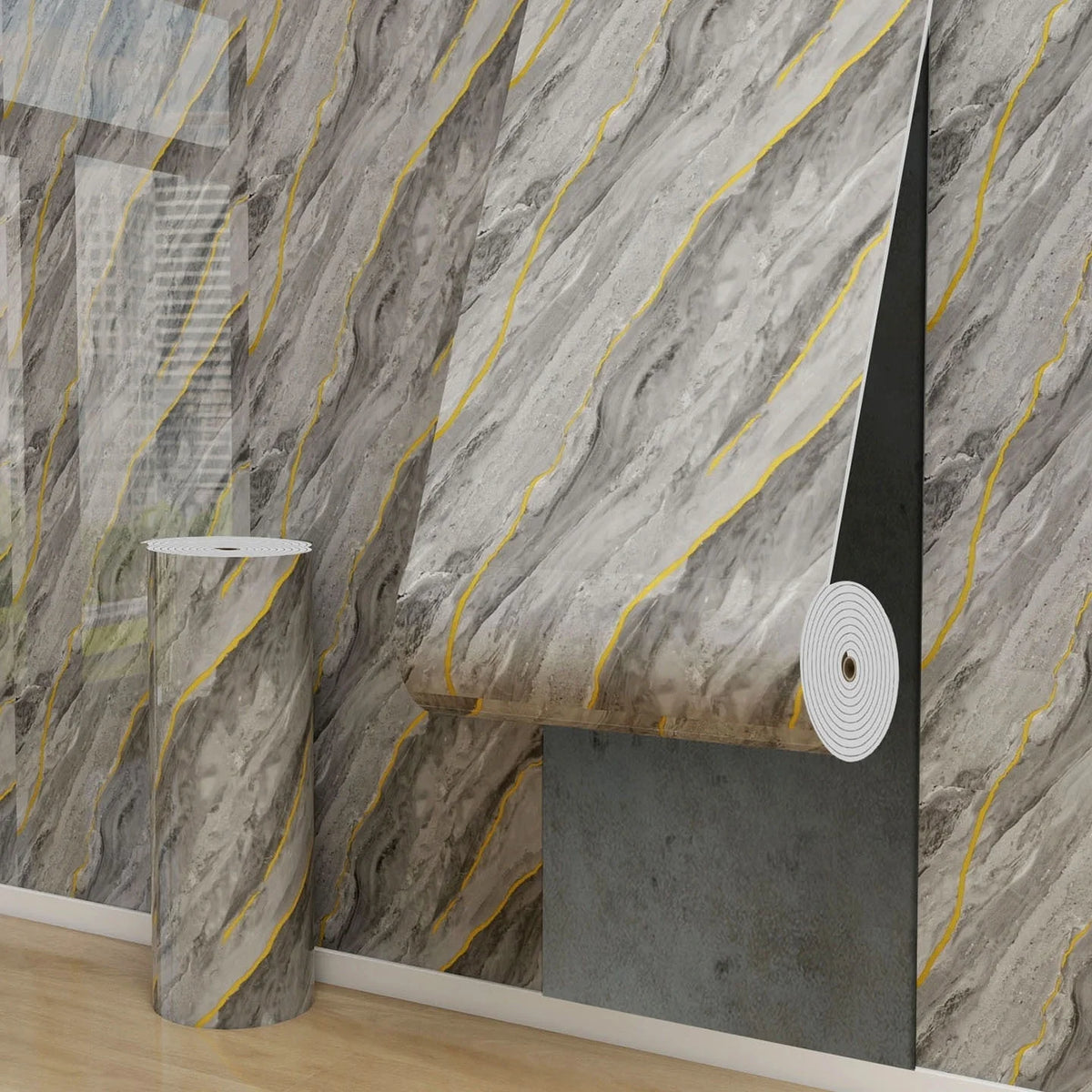 papier peint autoadhésif marbre moderne veines dorées résistant l'eau blanc gris or chambre cuisine