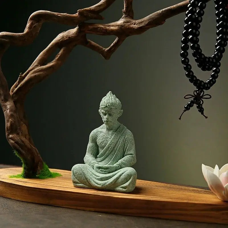statue bouddha fleur lotus prière support bois artisanal naturel vert noir blanc brun