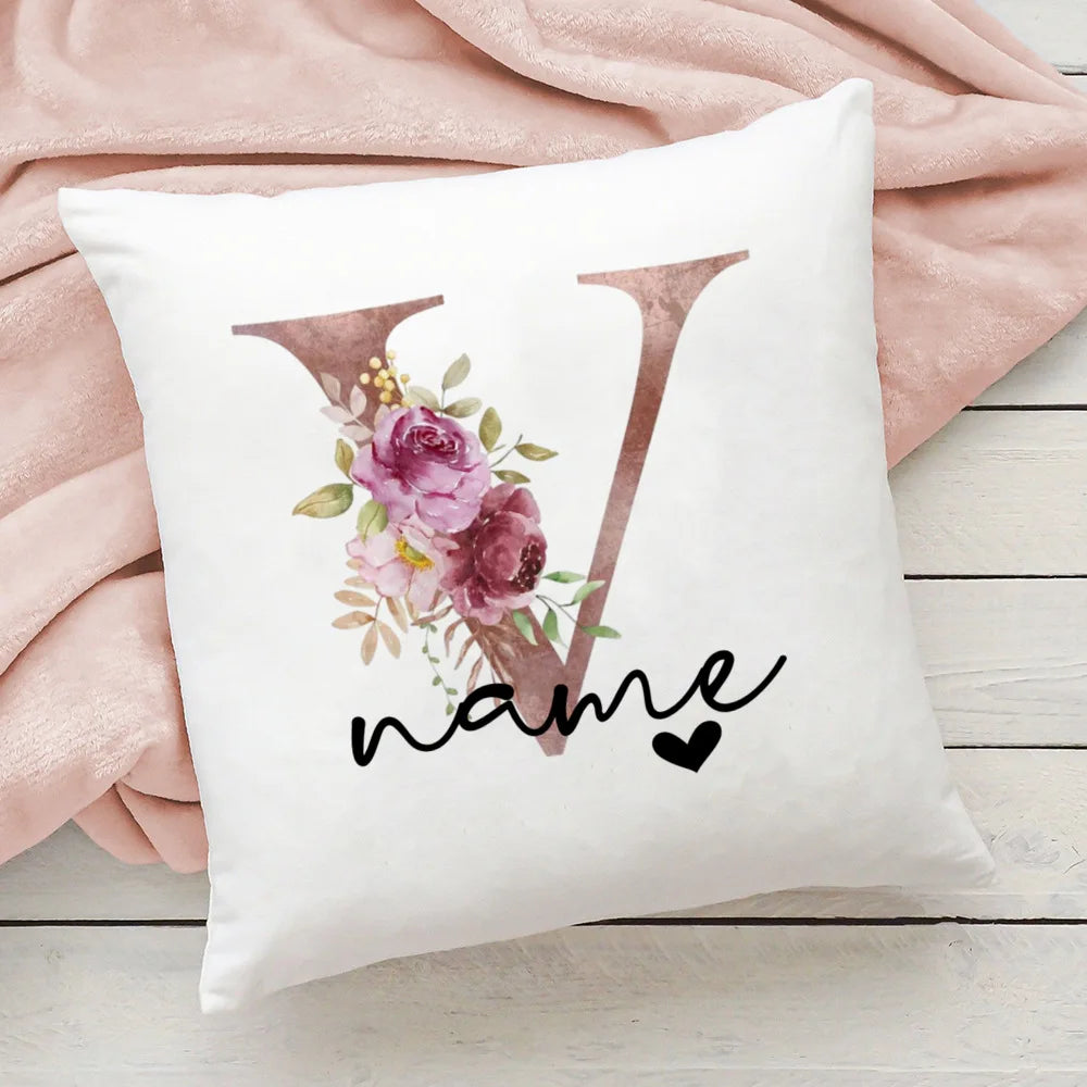 taie d'oreiller motif floral rose lettres initiales respectueux environnement moderne blanc