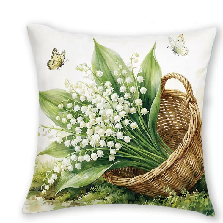 taies d'oreiller fleurs blanches rustiques lit maison panier bois naturel polyester blanc vert beige