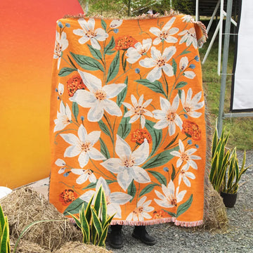 couverture tissée fleurs orange blanc vintage portable chambre camping
