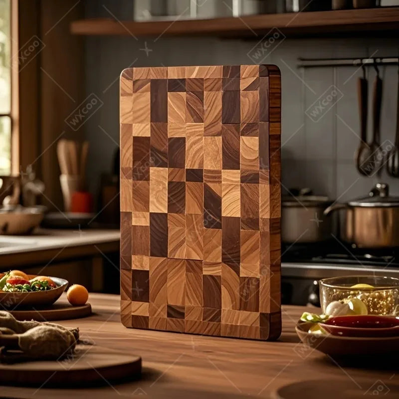 planche découper bois marron carreaux moderne double face légumes viandes kitchen chopping board