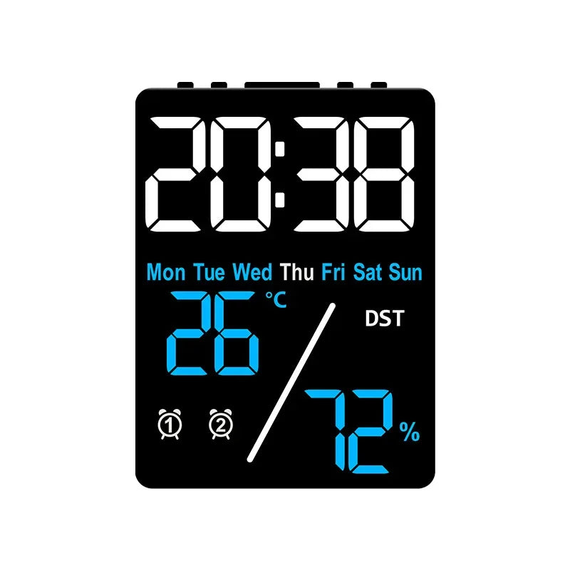 horloge numérique moderne affichage heure jour température humidité alarme rechargeable noir blancécran led