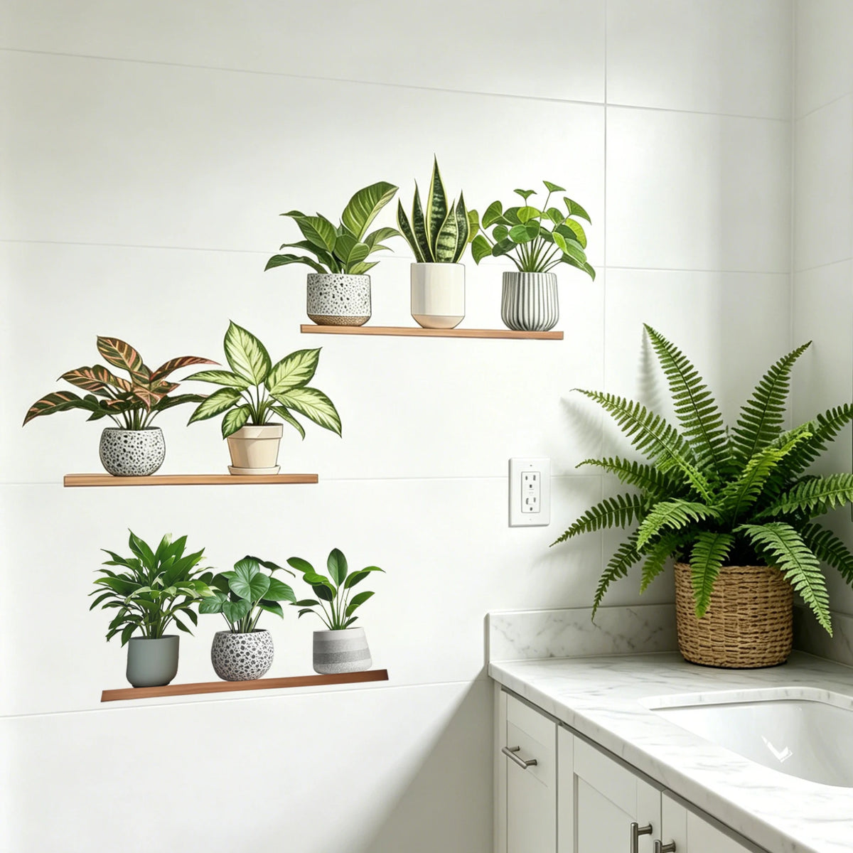 stickers muraux étagères plantes pots bois naturel minimaliste gris blanc modernes
