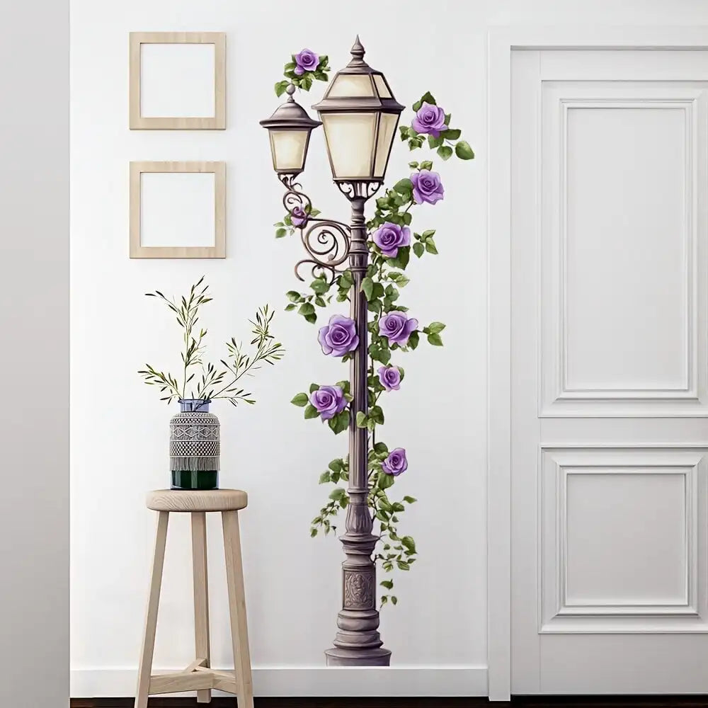 applique murale vintage roses violettes feuilles vertes lanterne ancienne adhésive chambre salon decoration stickers