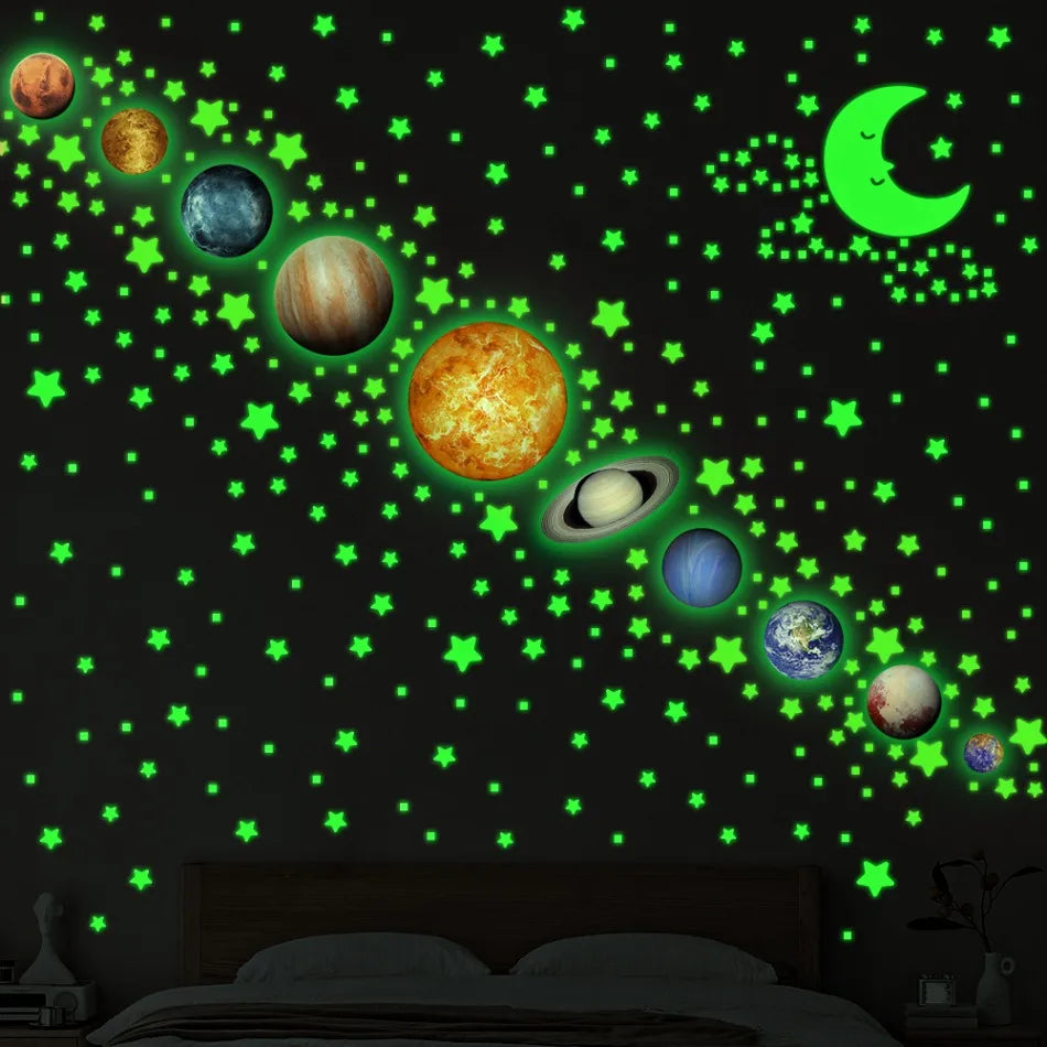 stickers muraux planètes étoiles lune géométriques vert bleu fluo chambre enfants décoration autoadhésive bricolage