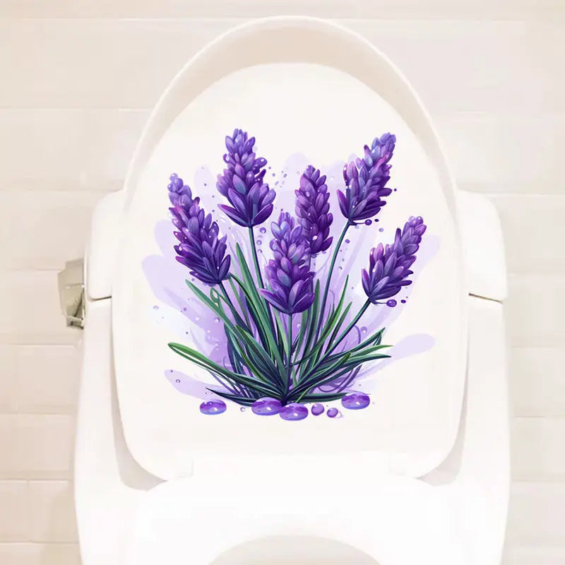 Sticker mural violet lavande posé sur une armoire de salle de bain