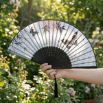 éventail pliant traditionnel papillons bambou fleurs tassel noir blanc gris