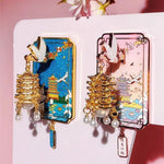 porte clés artisanal pagodes bleu doré rose blanc oiseaux décoratif(chainé)