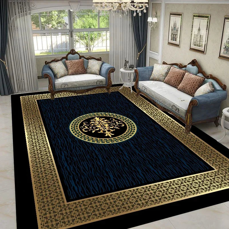 tapis salon motif géométrique beige noir or classique élégant décoration intérieur moderne grand