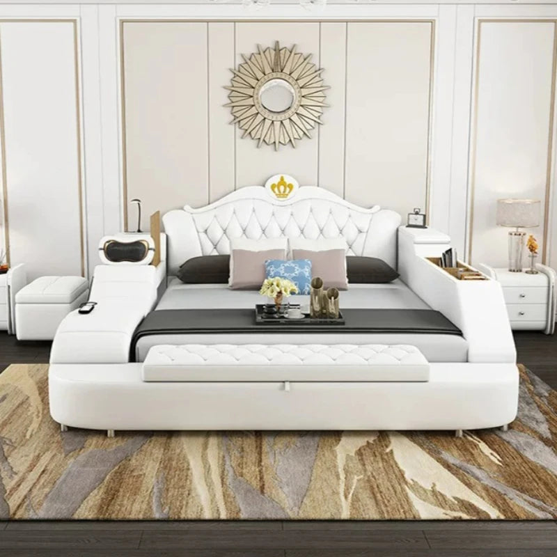 lit multifonctionnel moderne blanc gris oreillers coussins simili cuir rangement sous lit tablette intégrée