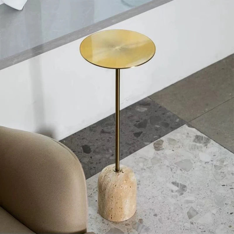 table basse moderne or texture travertin salon chambre coucher minimaliste rond métal inoxydable