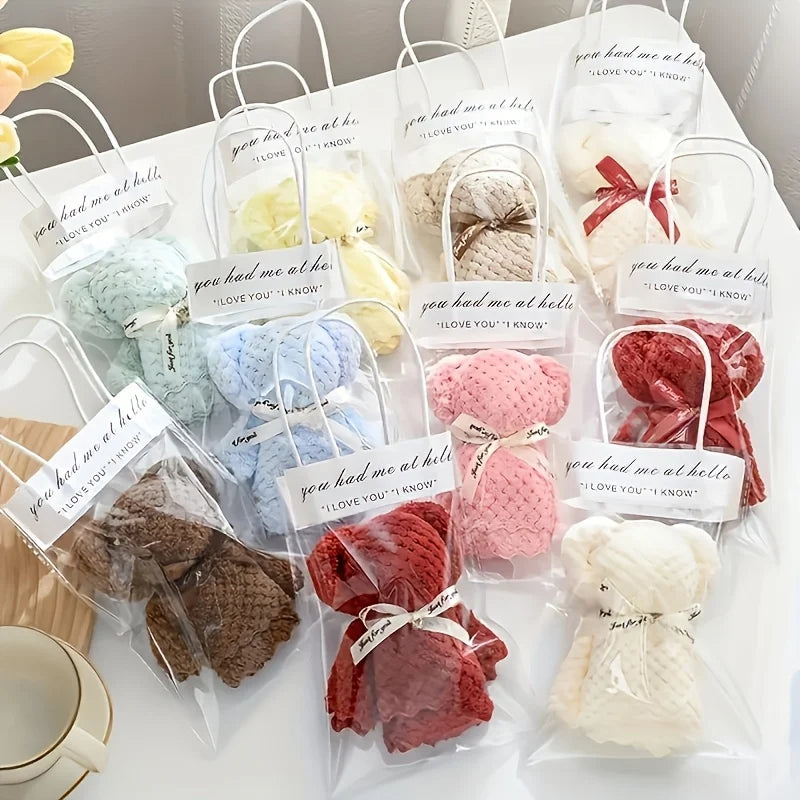 serviettes ours peluche tissu texturé sacs transparents couleurs variées cadeau mariage anniversaire 10 ensembles