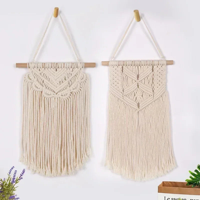 tapisserie macramé boho chic beige motifs géométriques franges moderne suspension maison