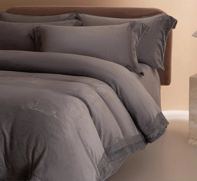 ensemble literie flanelle beige motif brodé simple housses couette taies d'oreiller drap plat classique