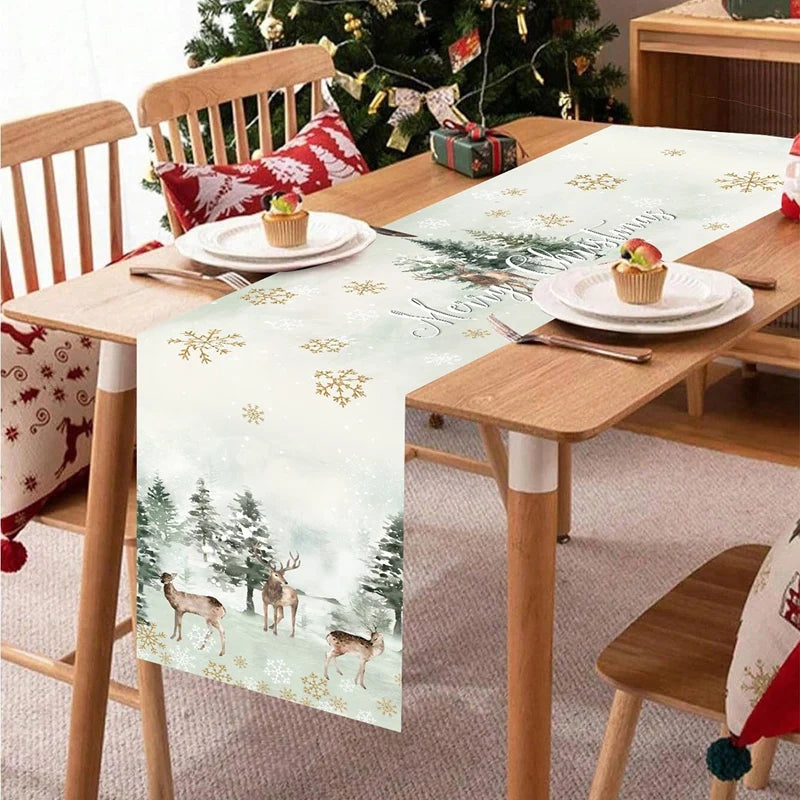 changement saison décoration noël chemin table flocons neige santa clause forêt cerfs motifs géométriques