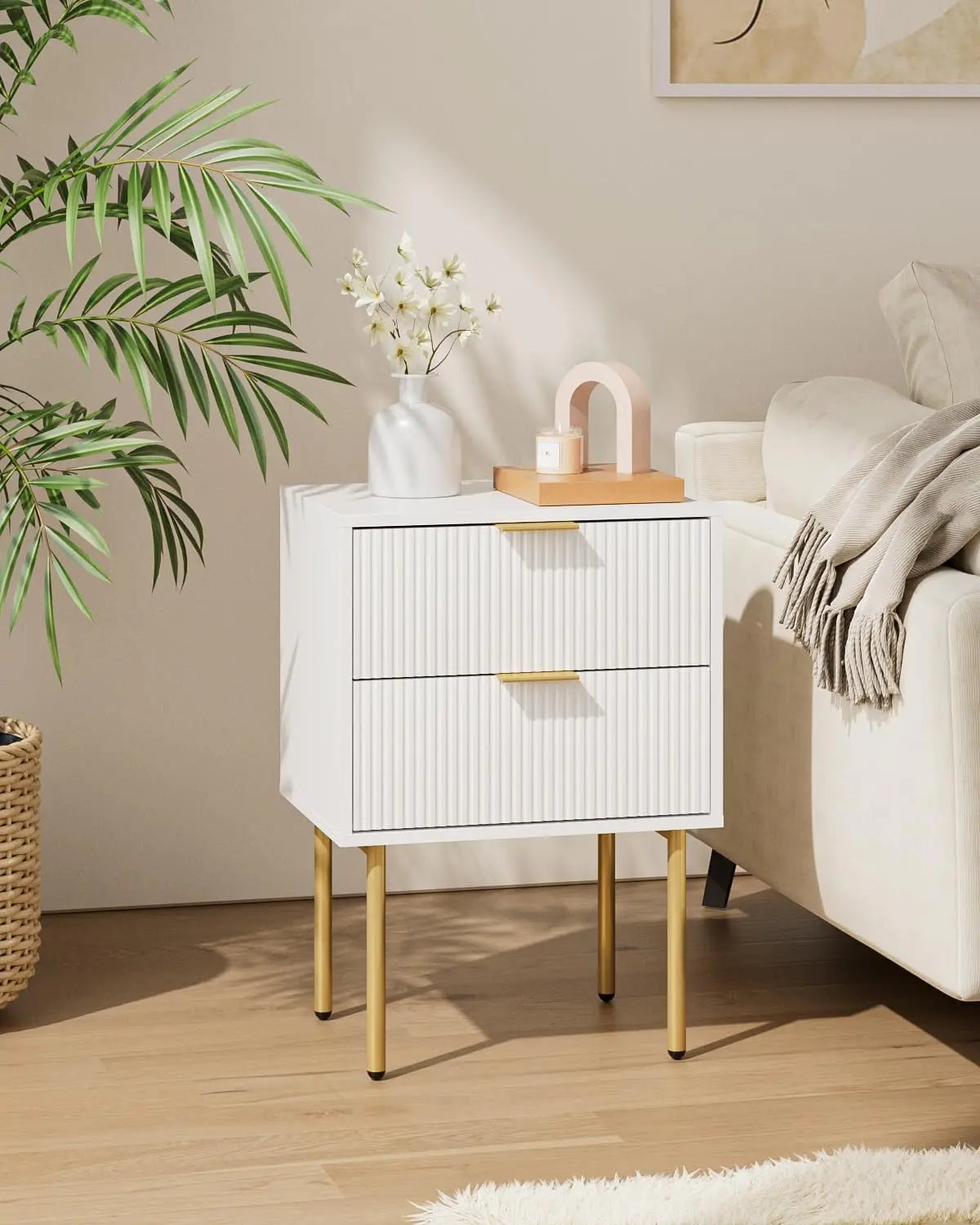 table nuit tiroirs moderne bois blanc doré rayures minimalistes chambre salon