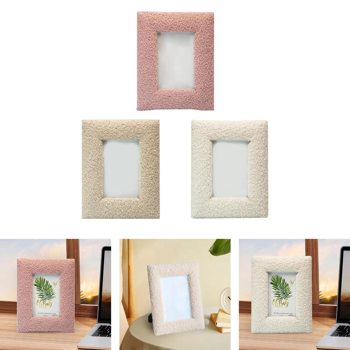 cadre photo moderne minimaliste bois peluche rose beige clair blanc cassé