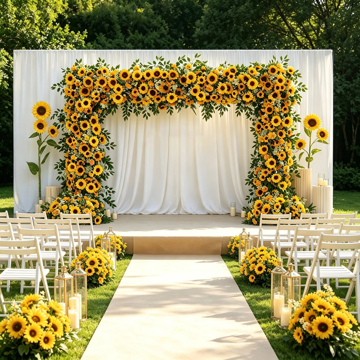 Décoration mariage arche jaune tournesol feuillage soie extérieure festive event