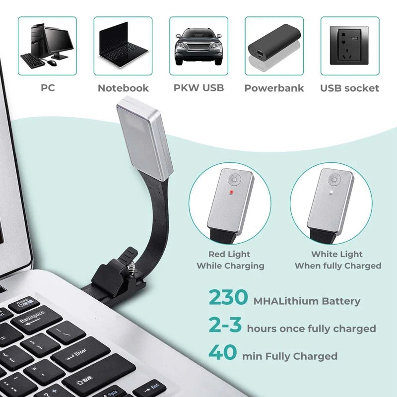 lampe lecture rechargeable led noir argenté clip port usb moderne