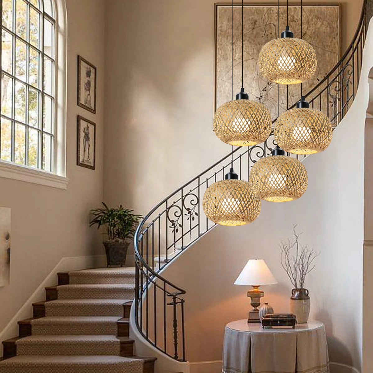 Suspension lumineuse tissage osier moderne rustique naturel noir câble électrique ampoule led douille noire