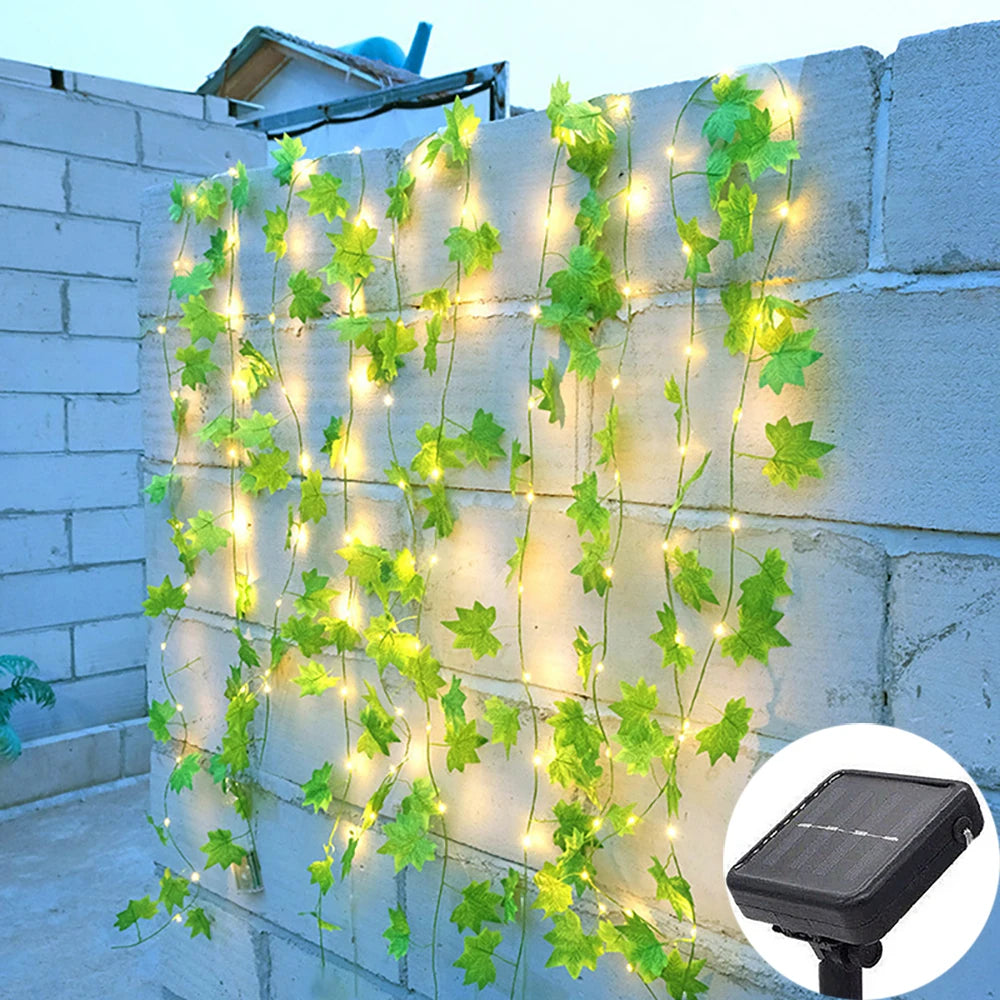 guirlande lumineuse solaire feuilles vertes lumières blanches clips rechargeable extérieure noël mariage jardin festive
