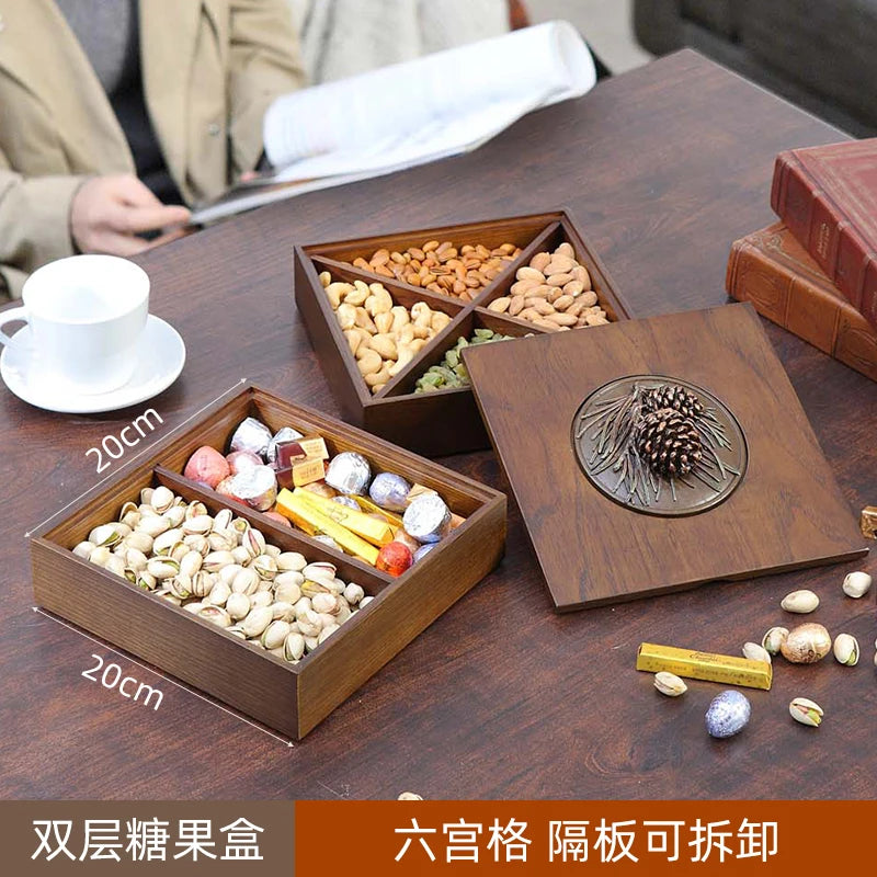 boîte bonbons bois marron moderne double couche rangement fruits noix chocolats assiette collation