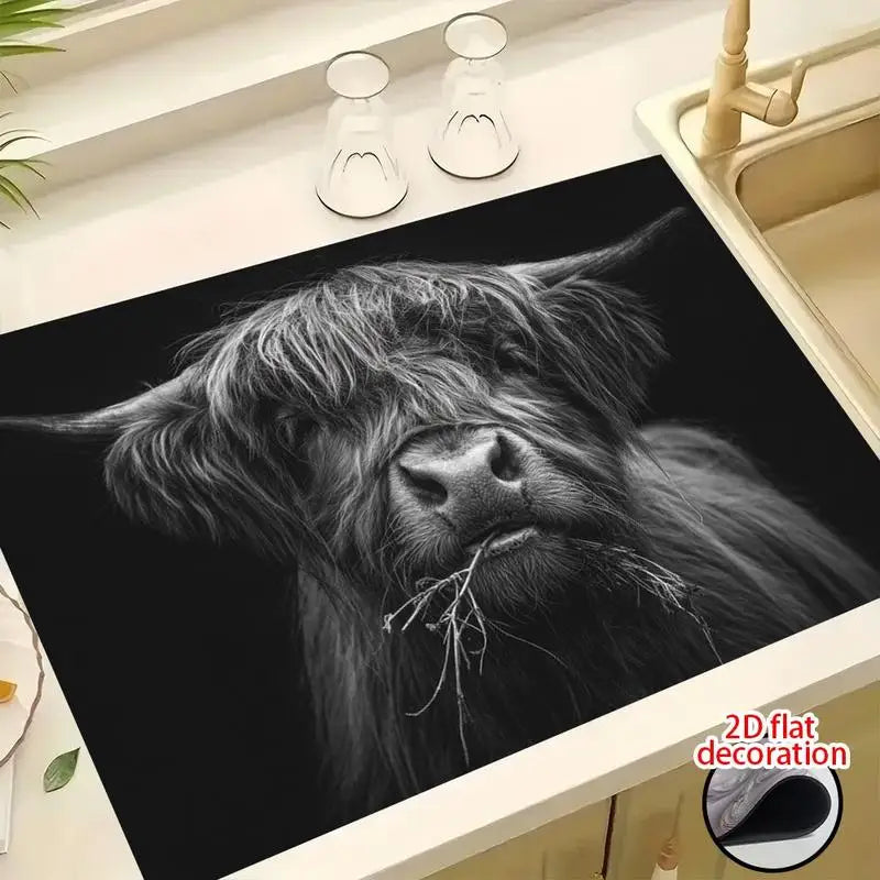 tapis cuisine antidérapant caoutchouc vache highlands noir résistance rayures protection surdimensionné américain plat