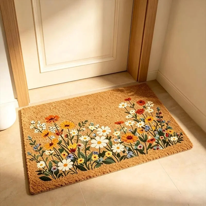 tapis porte floral résistant antibactérien 30x50cm 40x60cm marron clair beige fleurs colorées classique