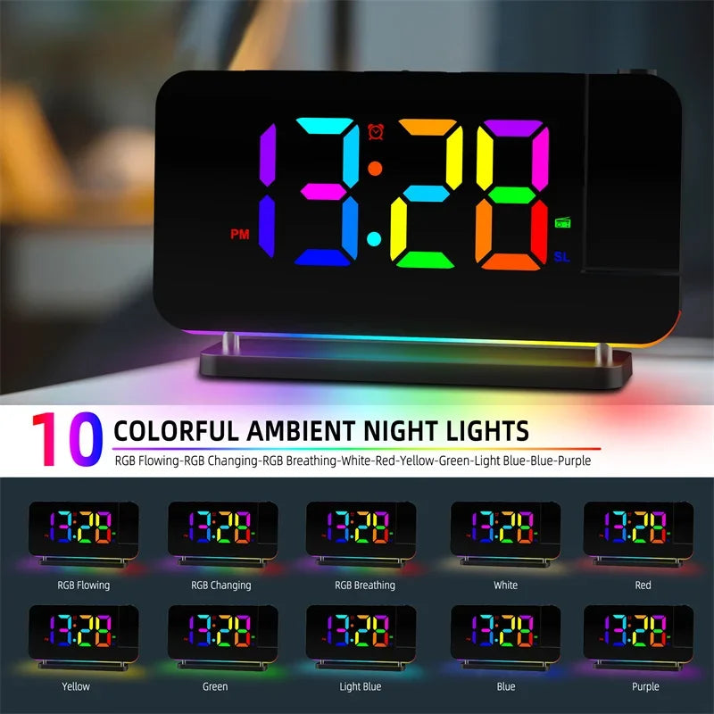 réveil lumineux multifonctionnel projection mur ambiancé rgb usb charge horloge digitale led moderne technologie